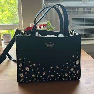 Black pebbled leather Kate Spade Sam handbag with rhinestones/pearls